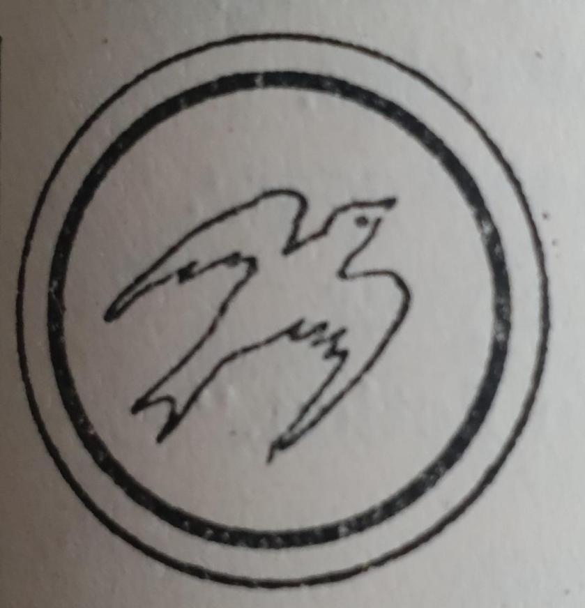 Outline drawing of badge showing a bird in flight, inside a ring.