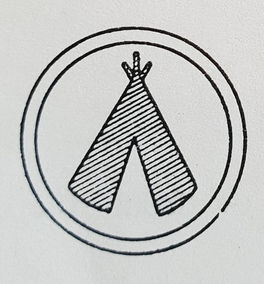 Image of badge in blank ink showing a teepee-style tent with shading, in a double ring.
