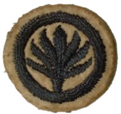 Image of a round white felt badge with motif of flames in navy embroidery within a navy embroidered ring.