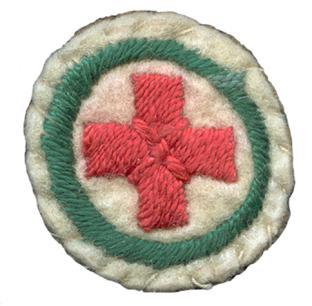 image of round white felt badge with embroidered red cross surrounded by a green embroidered ring.