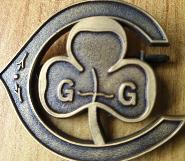 Image of a bronze metal pin badge with a Guide trefoil surrounded by a large letter C.
