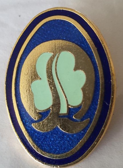 Ranger Quest Badge.  An oval metal badge featuring trefoil in gold with aqua infil, on a navy blue background with gold and black border.