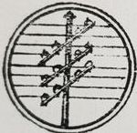 Outline sketch showing top of telegraph post with three cross bars, crossed by 9 cables, within a double-line circle.